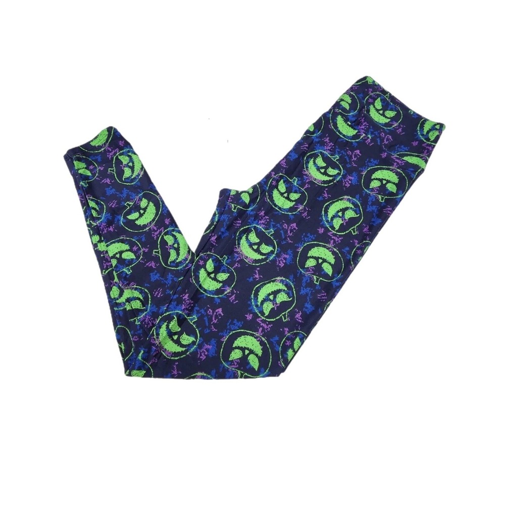 Os LuLaRoe Leggings Halloween Neon Green Pumpkins Blue Purple Black Fits 2/10